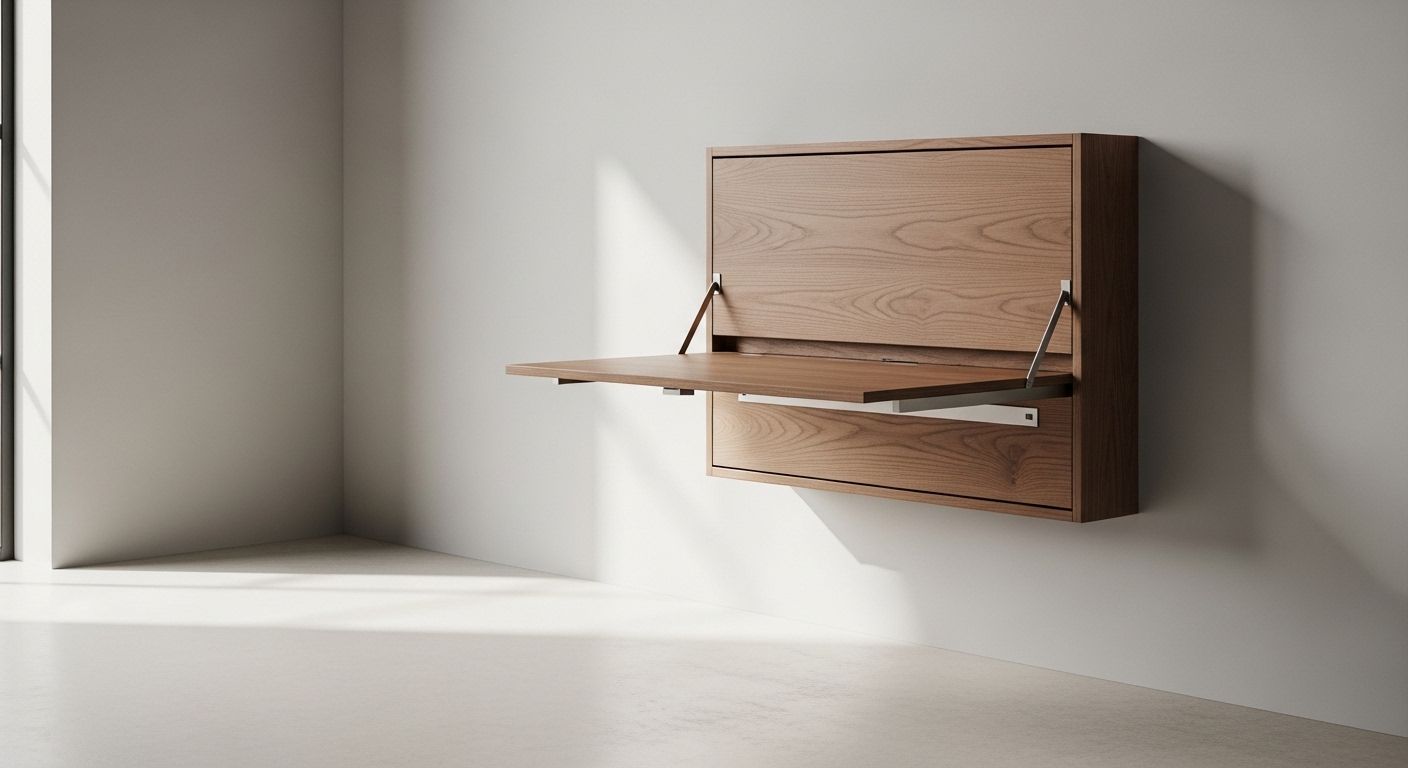 Floating flip desk closed flush against wall in small living room