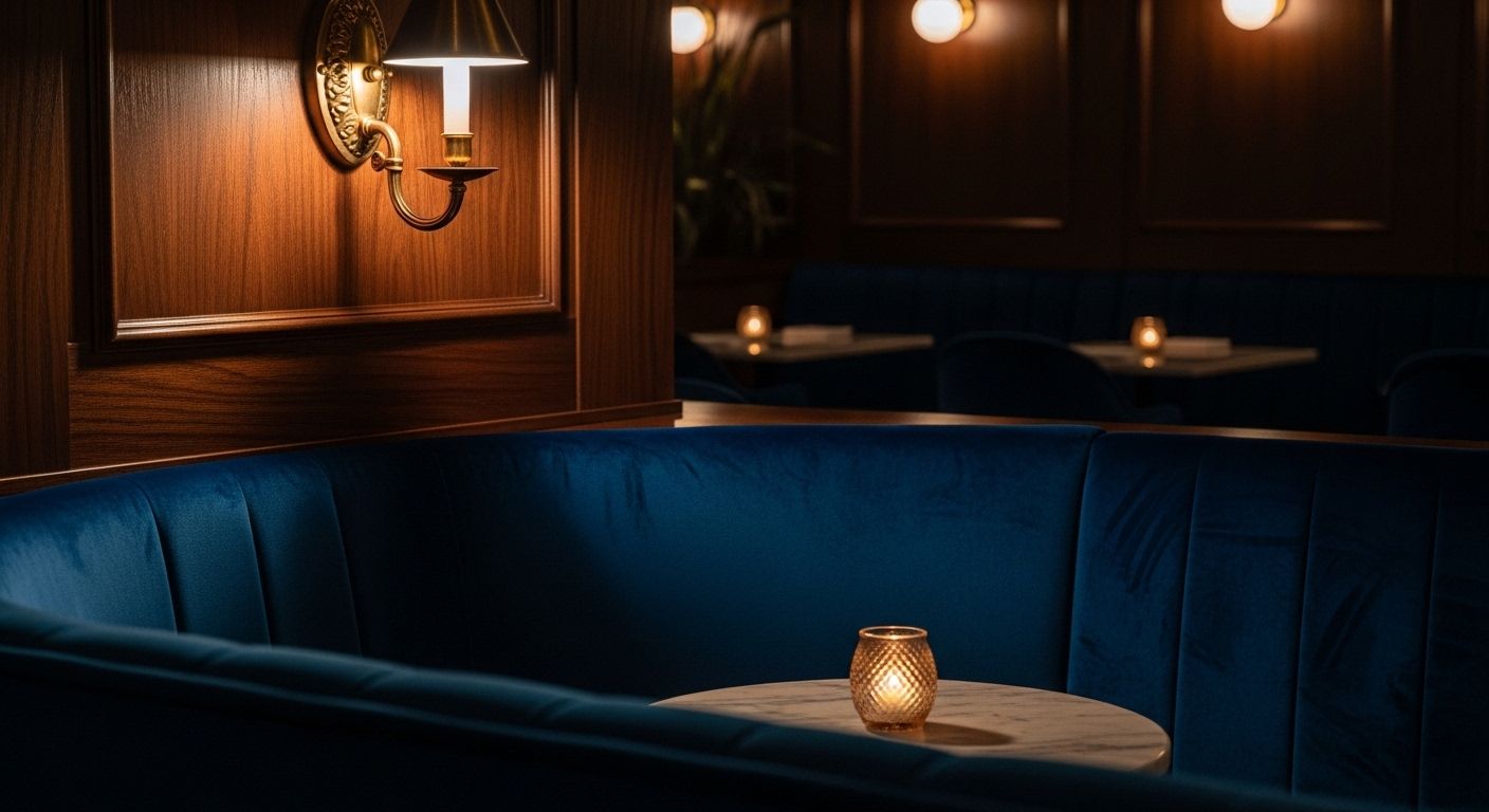 Intimate velvet booth in a moody restaurant setting with candlelight