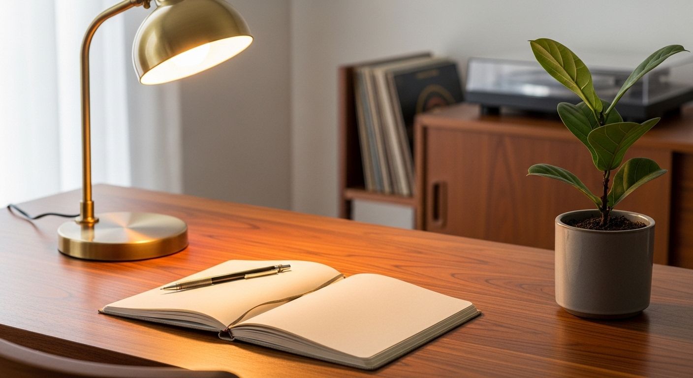 Close-up of a mid-century modern desk setup featuring rosewood, brass accents, and lush greenery in soft afternoon light