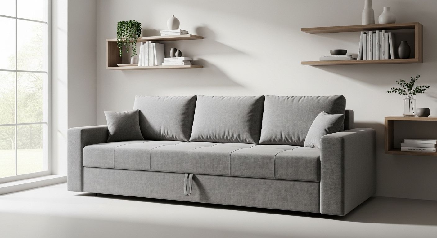 Modern sofa bed with hidden pull mechanism in small living room