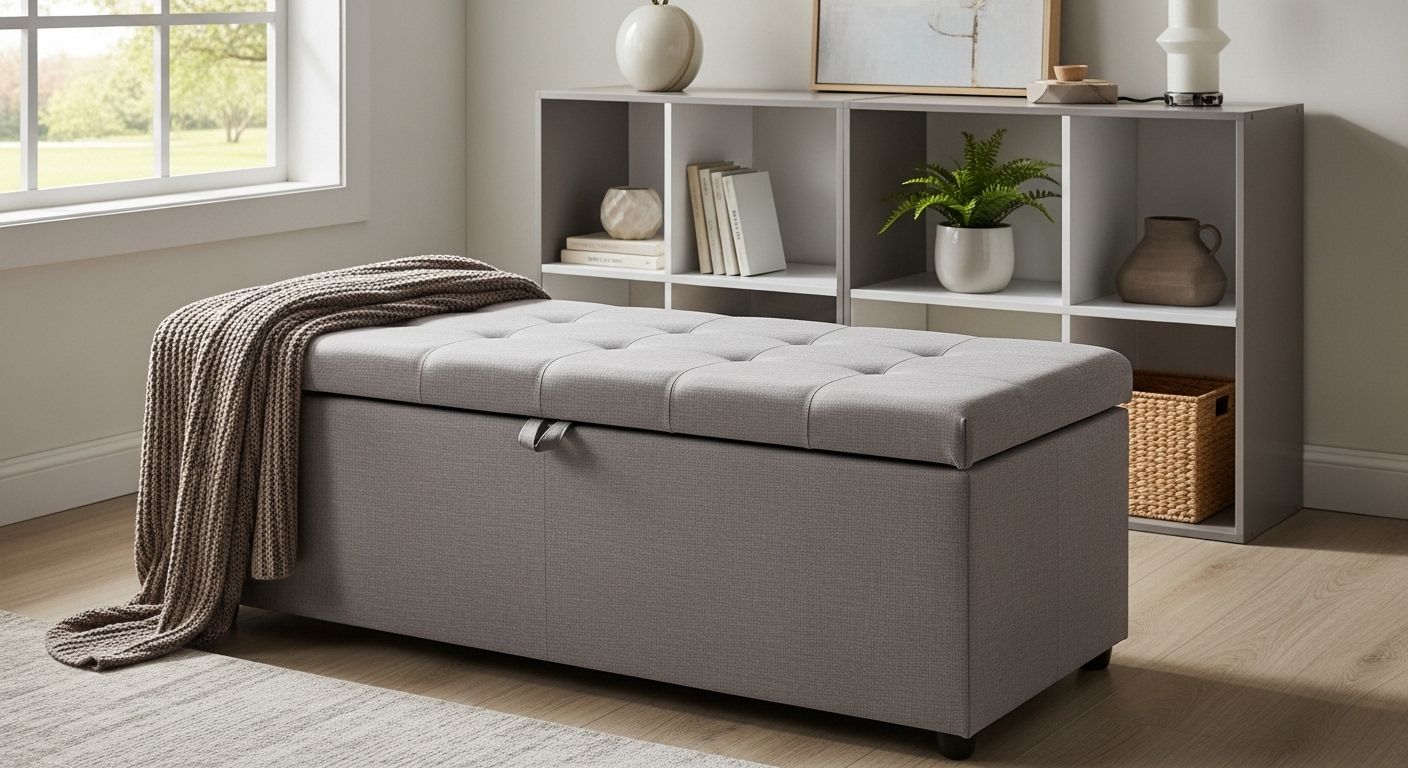 Flip-top storage ottoman closed in small living area