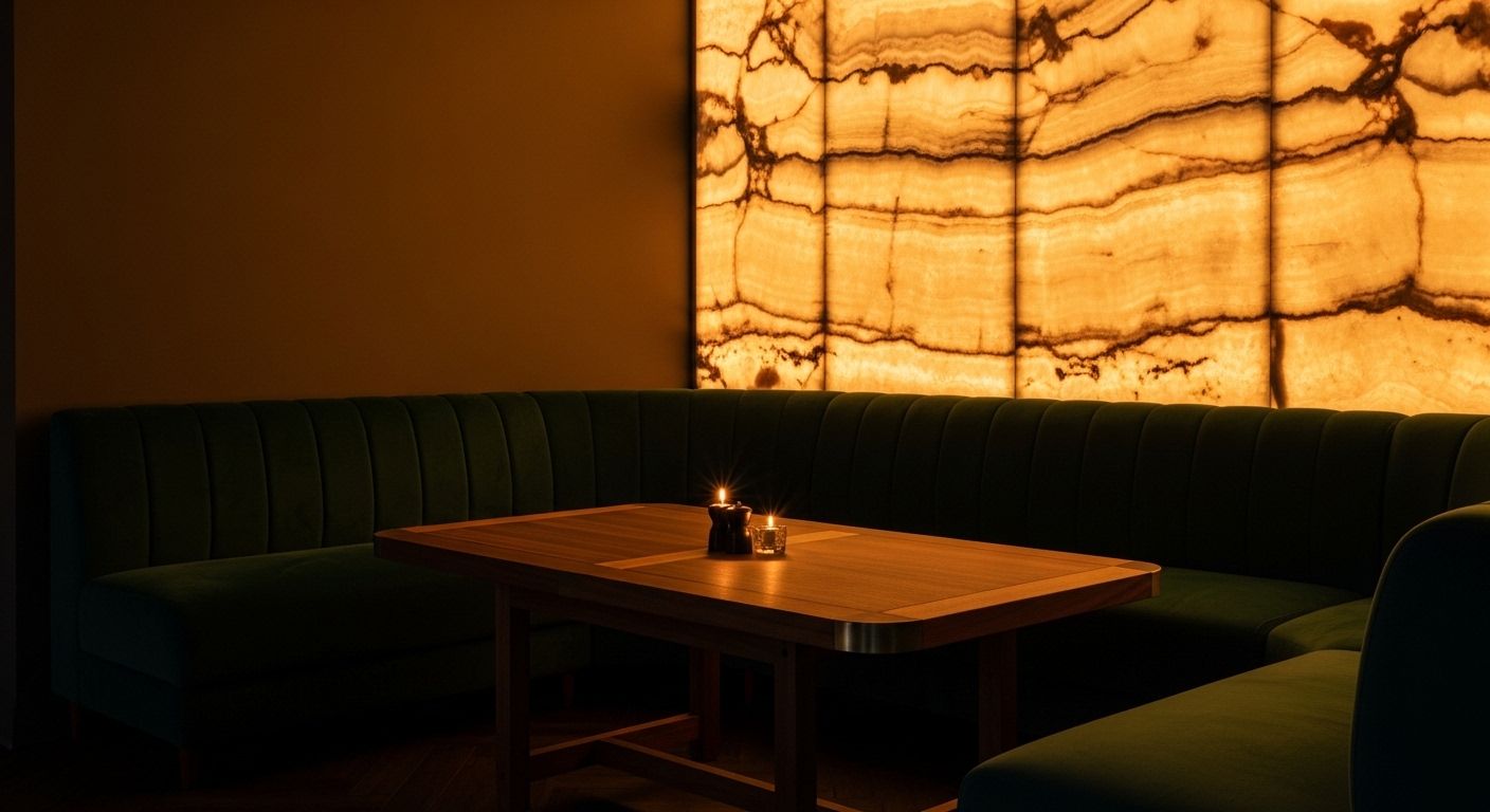 Moody restaurant lounge corner with velvet and onyx lighting