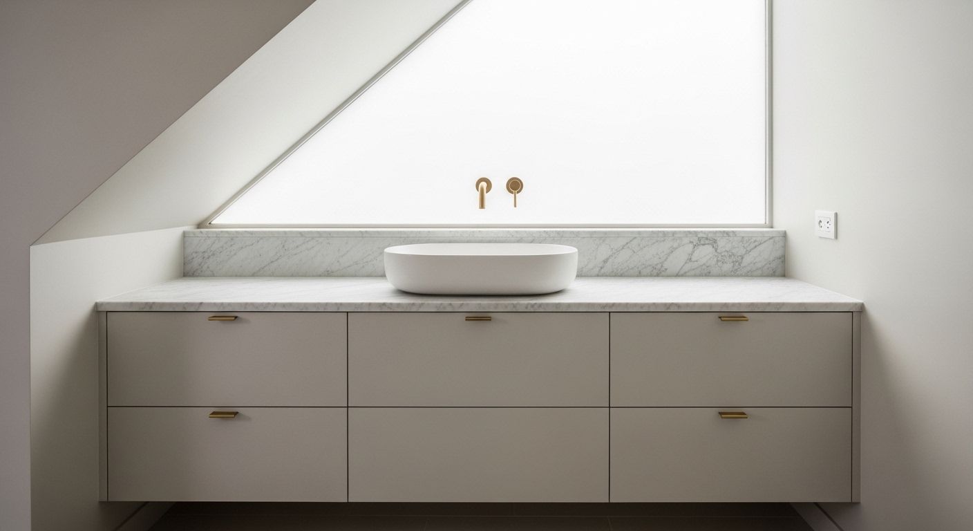 Bathroom under-stair vanity with marble drawer unit and brass hardware