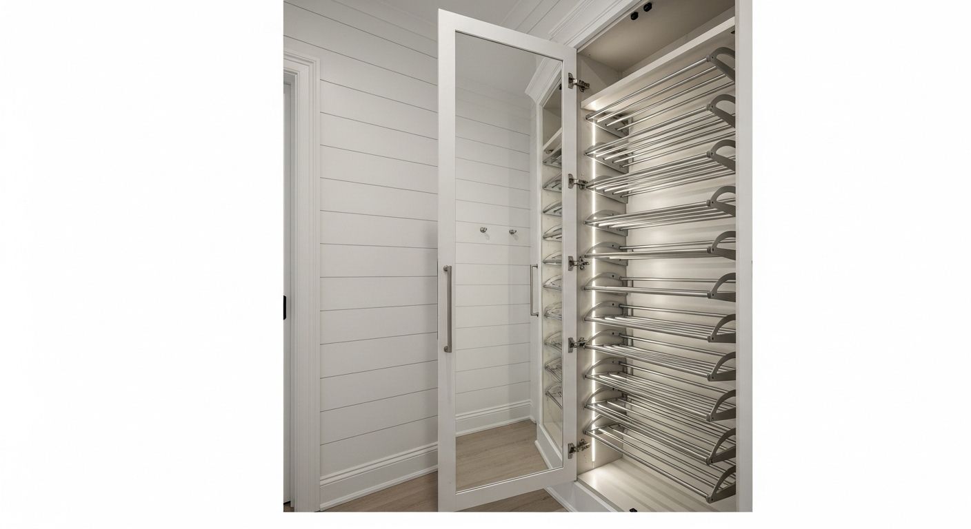 Mirror cabinet with fold-flat shoe rack closed in narrow hallway