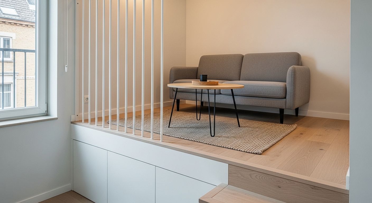 Platform bed on raised storage steps defining levels