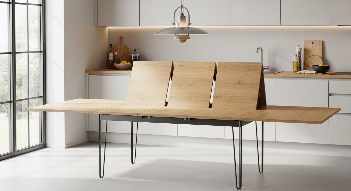 Oak fold flat dining table extended in small kitchen