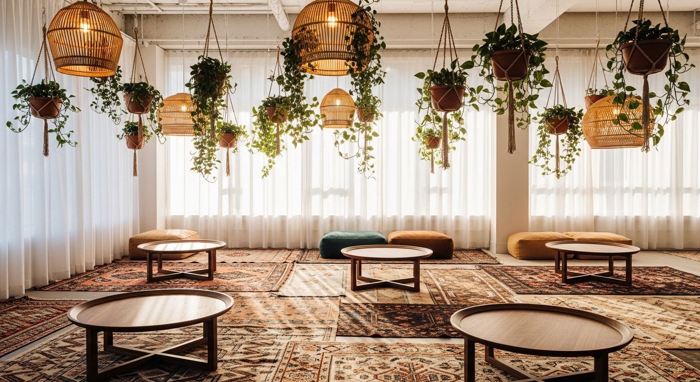 Lounge space with rattan hanging planters and layered textiles