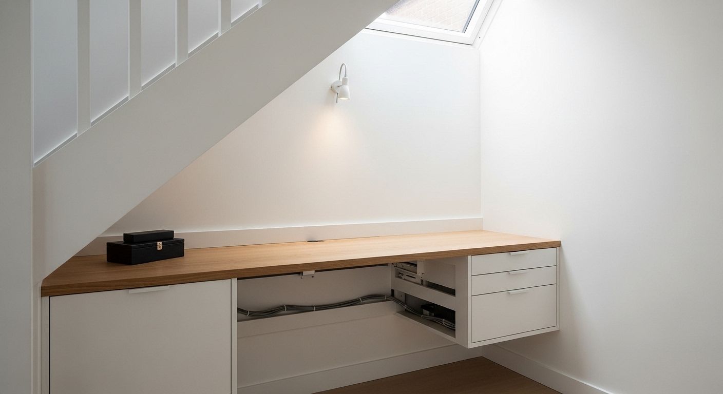 Floating desk drawer unit built under staircase for compact home office