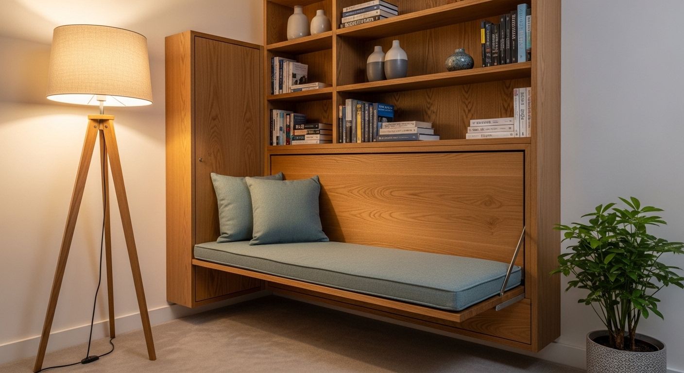Floating fold down bench seat in living room corner