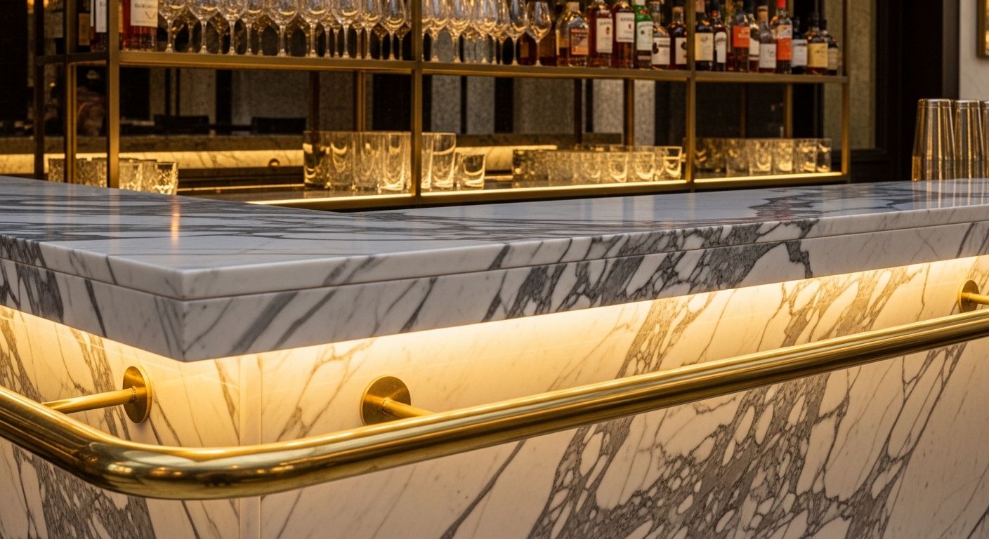 Close-up of marble restaurant bar with brass details and ambient lighting
