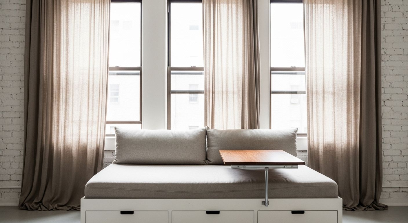 Built-in daybed with storage drawers under bright window wall