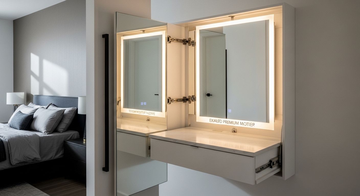 Mirror concealing fold away vanity with LED lighting