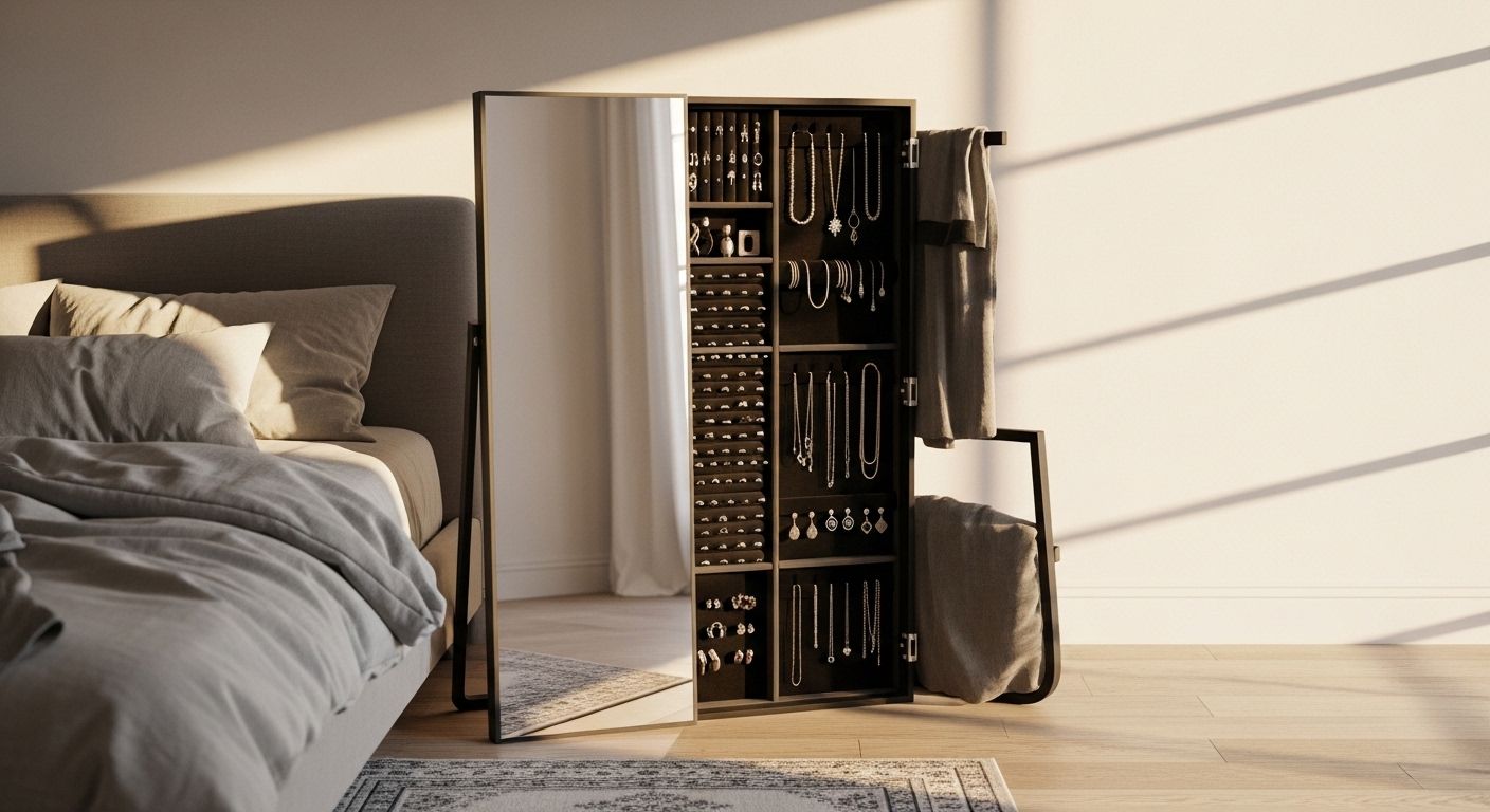 Fold flat mirror with jewelry storage opened