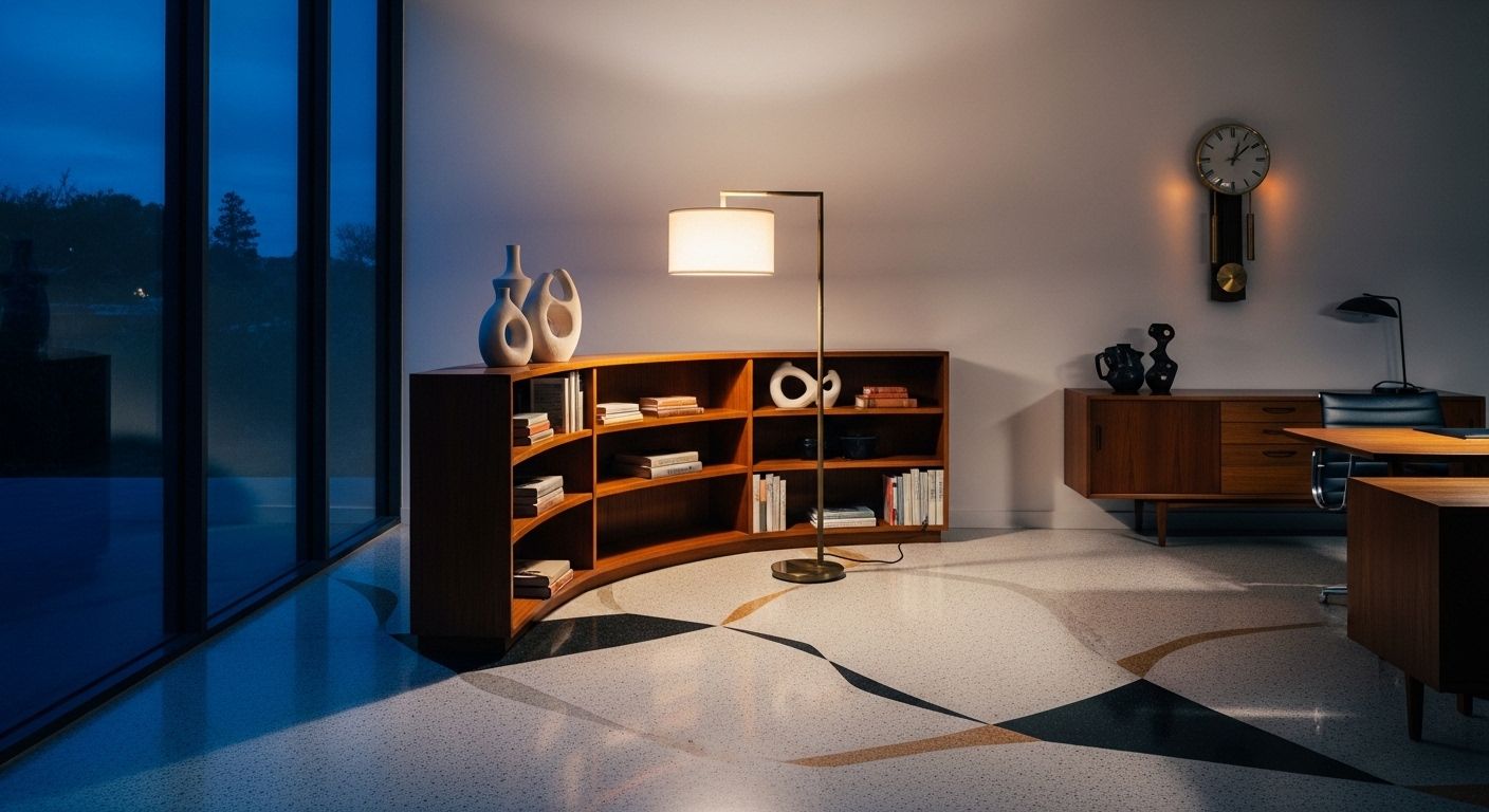 Evening scene of a mid-century modern office with dramatic lamplight, long shadows, and twilight hues creating a calm workspace mood