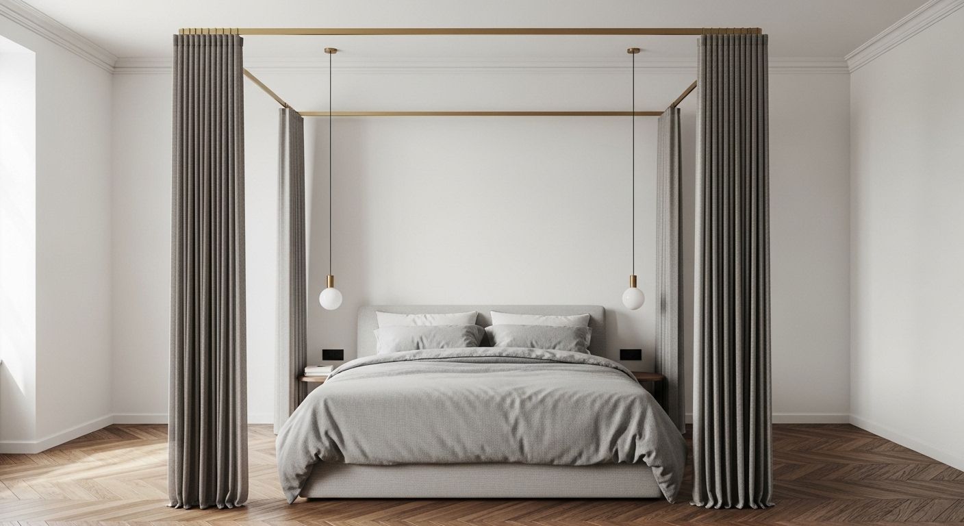 Curtains encircling bed to create private sleeping alcove