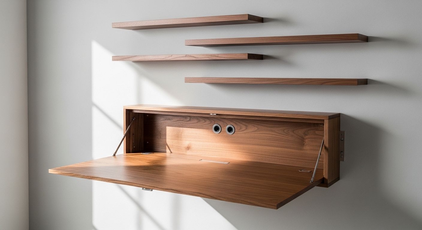 Walnut fold flat wall desk extended in small apartment