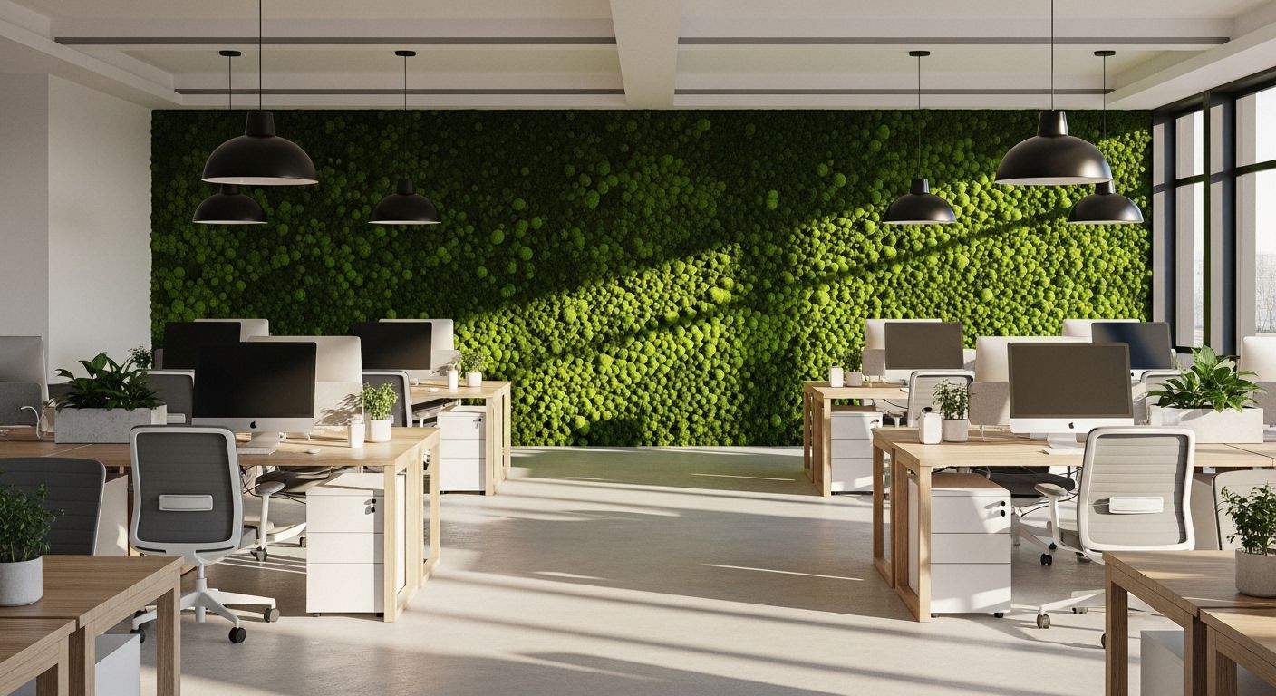 Open office with large preserved moss wall and oak desks