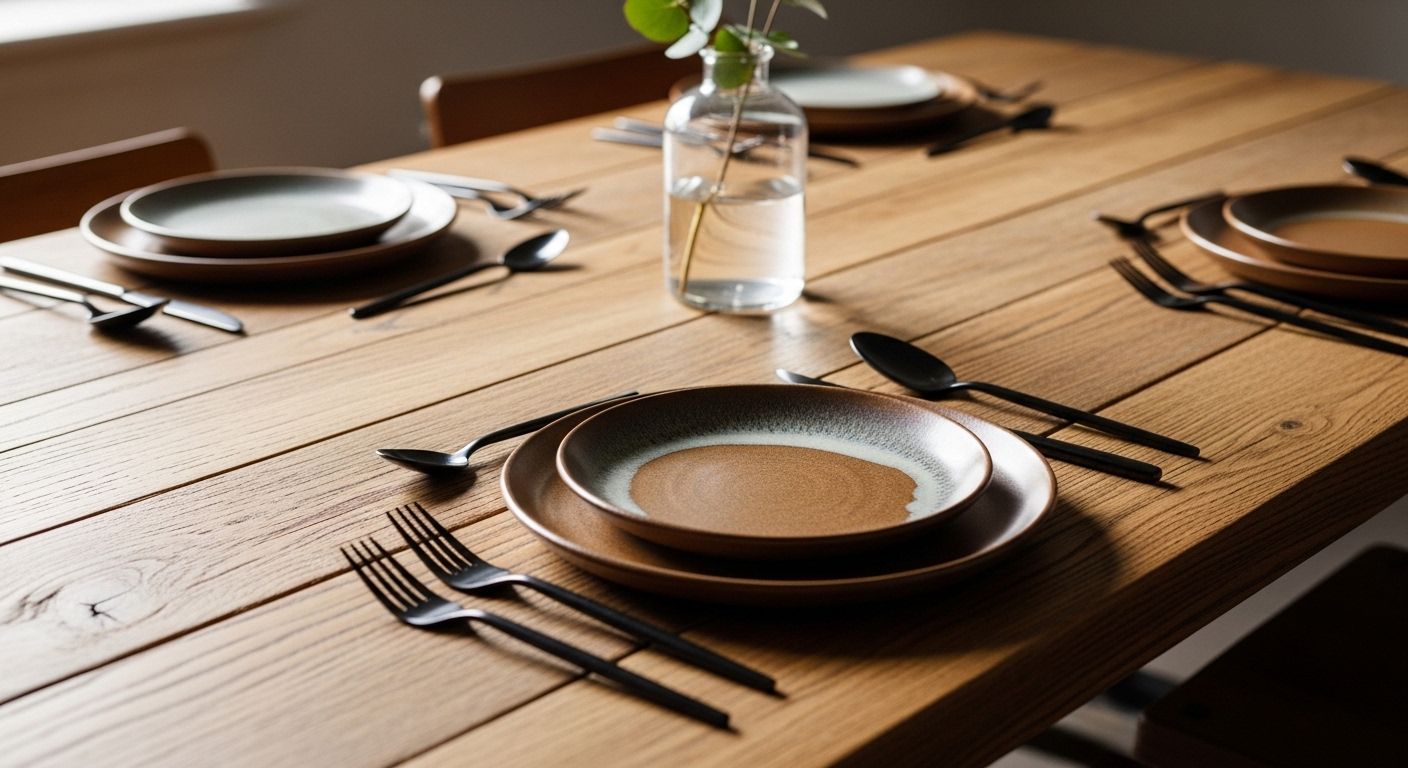 Close-up of rustic communal table setting in restaurant