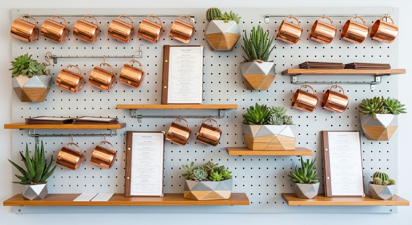 Pegboard wall with copper mugs and succulents in café