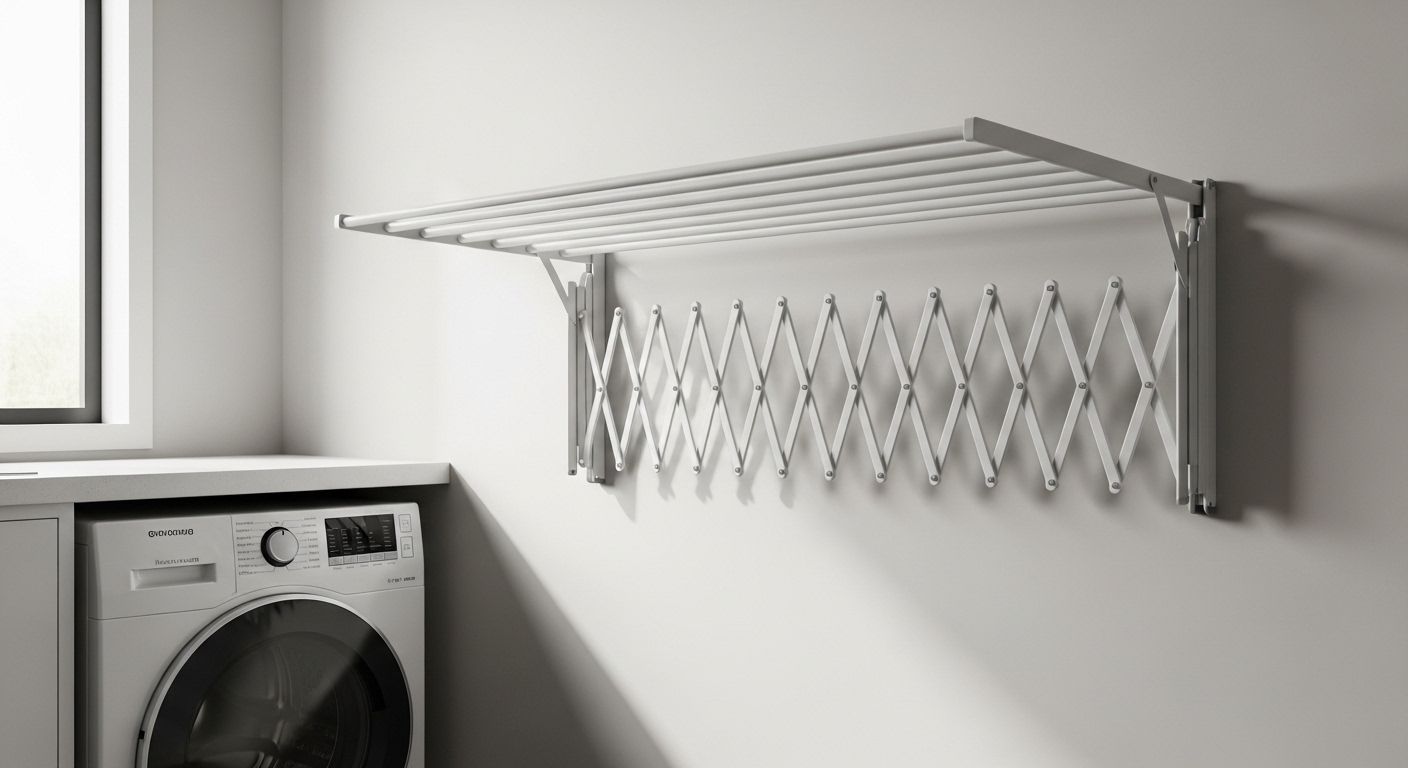 Fold-flat accordion drying rack beside washer in small laundry nook