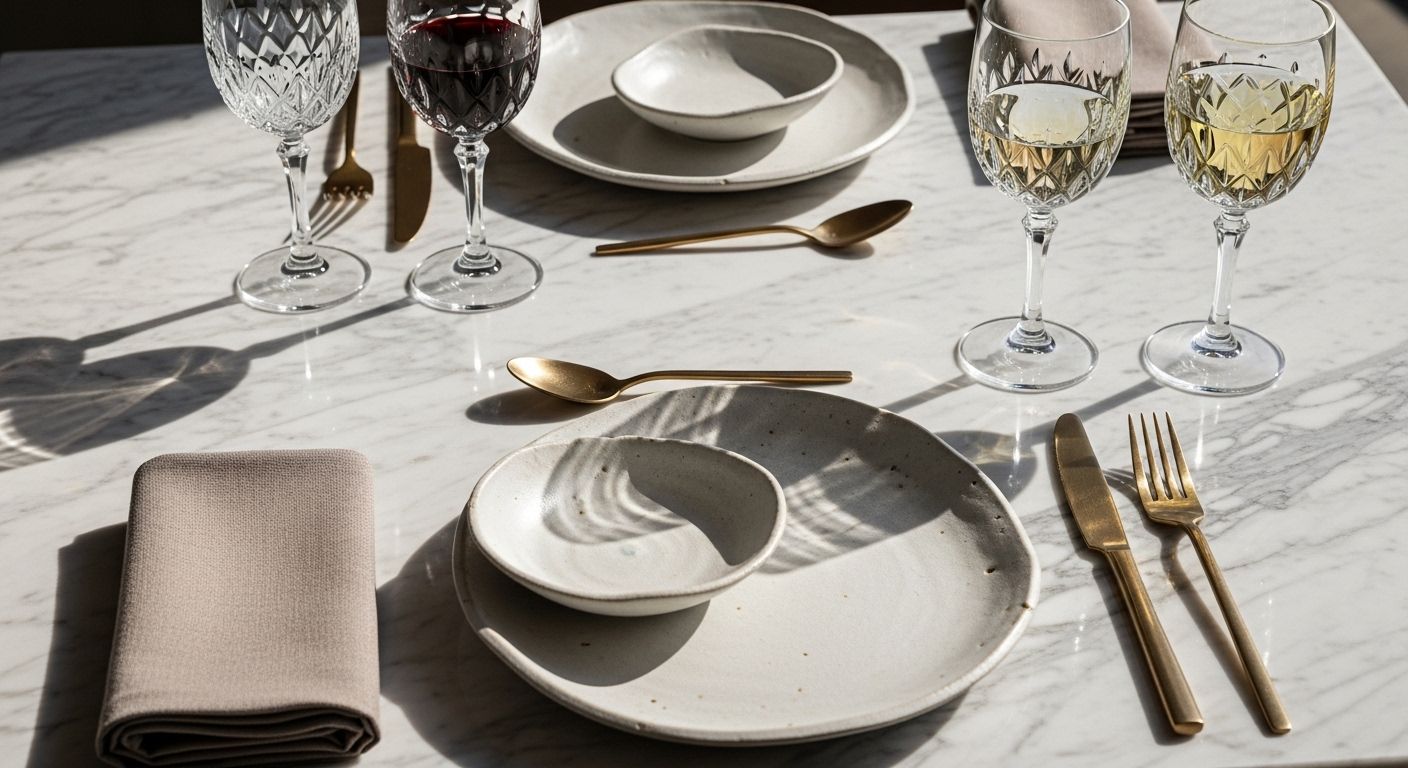 Close-up of fine-dining table setting on Calacatta marble with brass cutlery and natural light