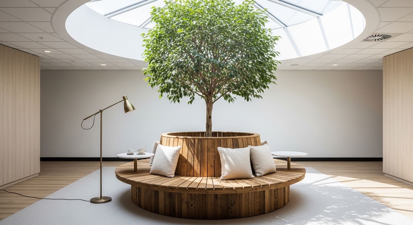 Circular seating around indoor tree under skylight