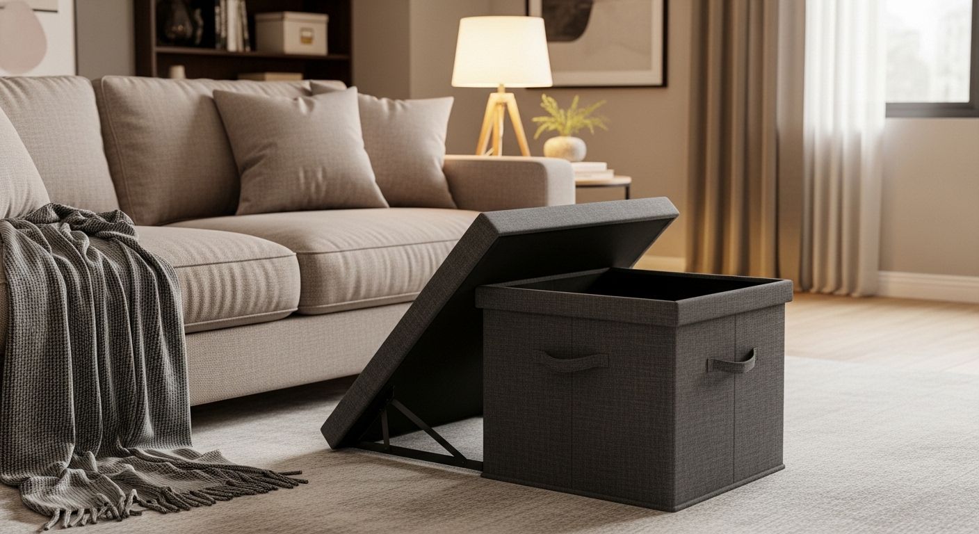 Fold flat ottoman storage cube opened in living room