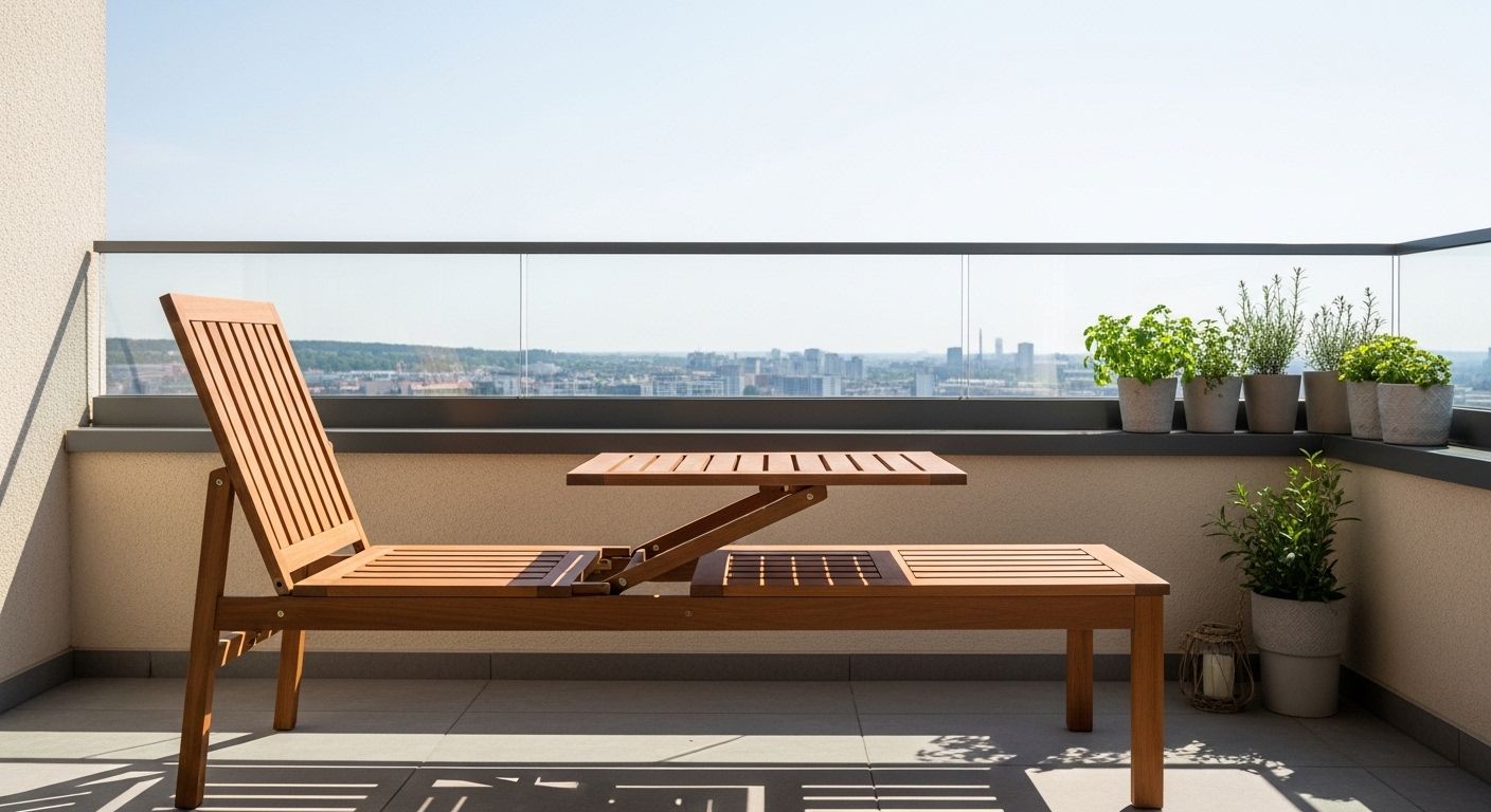 Fold-flat balcony bench converted to slim table with plants