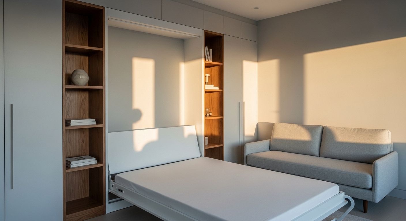 Murphy bed folded down over sofa in cozy small bedroom