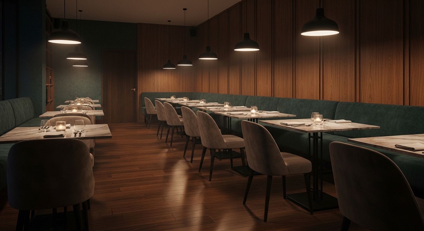 Atmospheric after-hours view of a luxury restaurant interior with warm ambient lighting