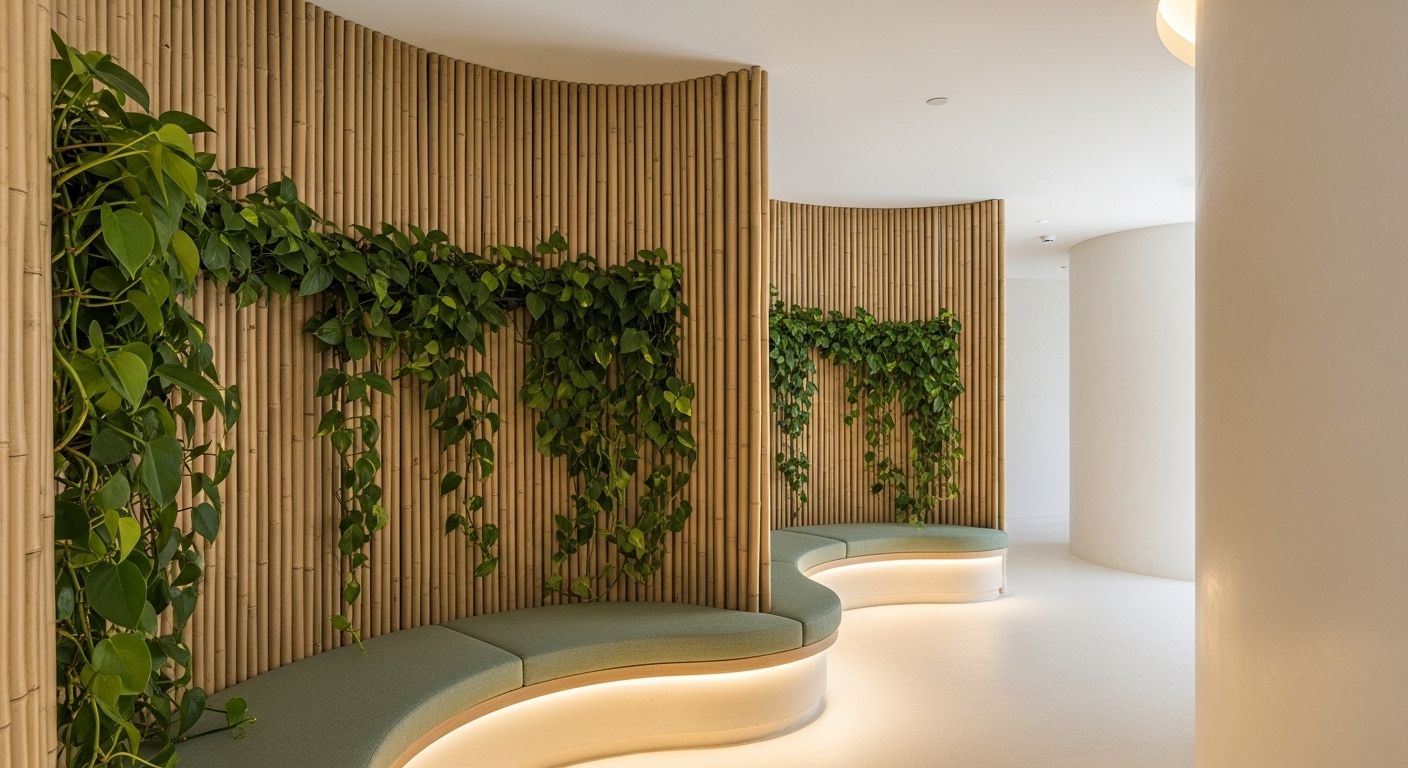 Quiet nook framed by curved bamboo and climbing vines