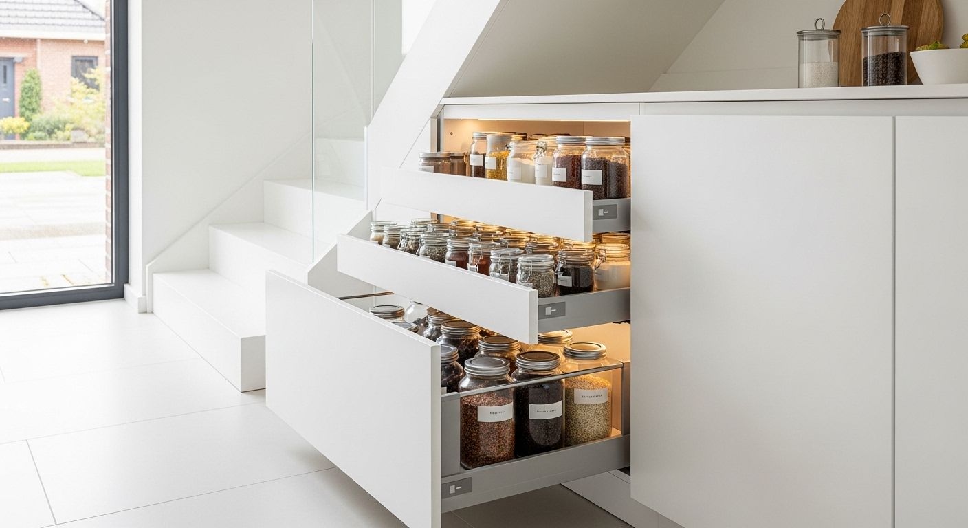 Kitchen under-stair pull-out pantry drawers with organized food storage