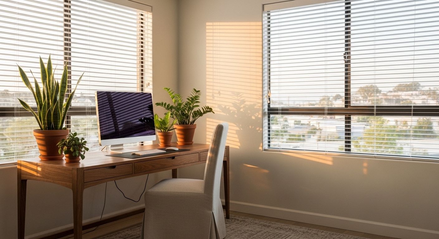 Corner desk bathed in diffused natural light with terracotta planters
