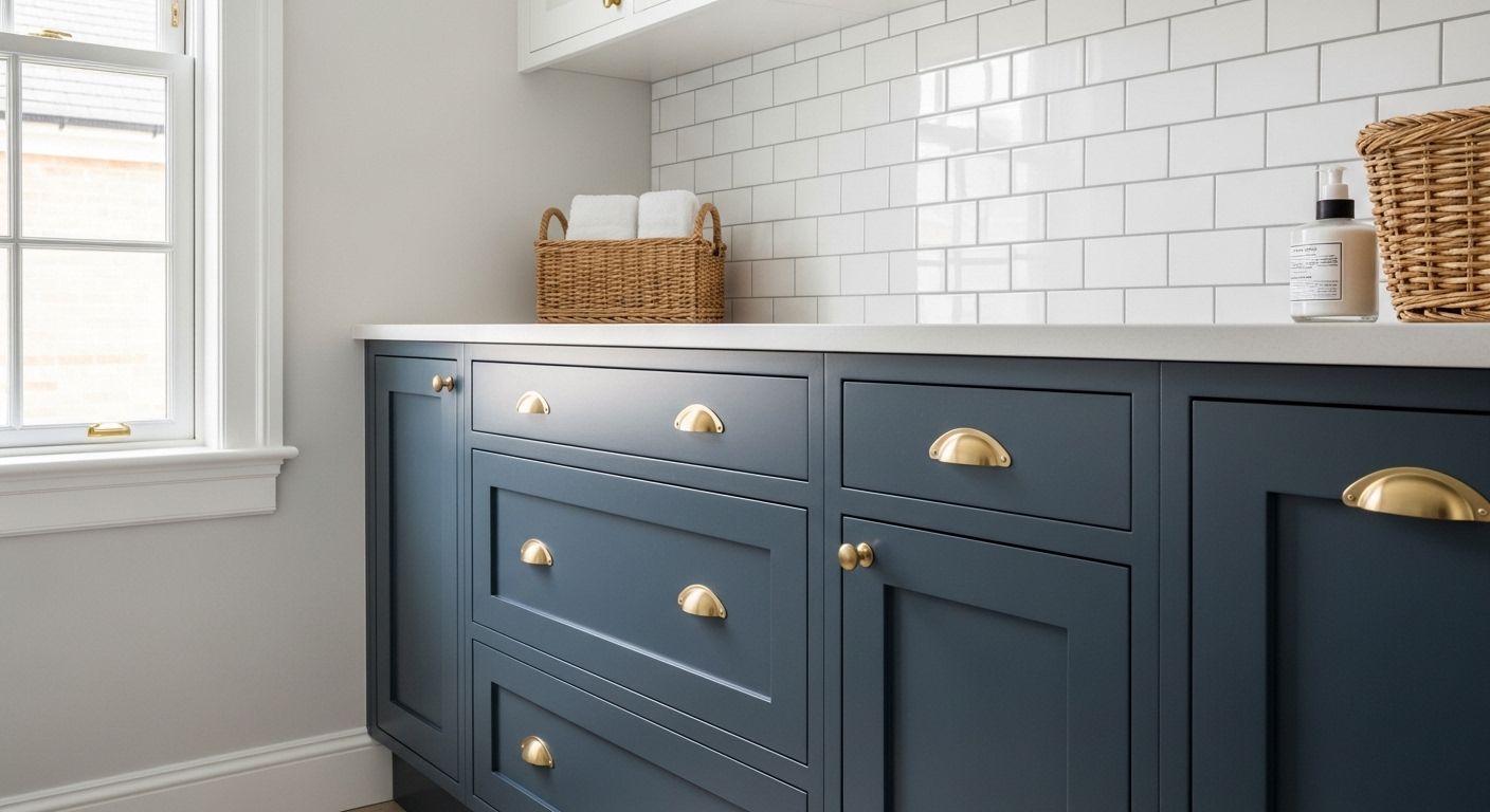 Deep under-stair laundry drawers with brass labels and detergent storage