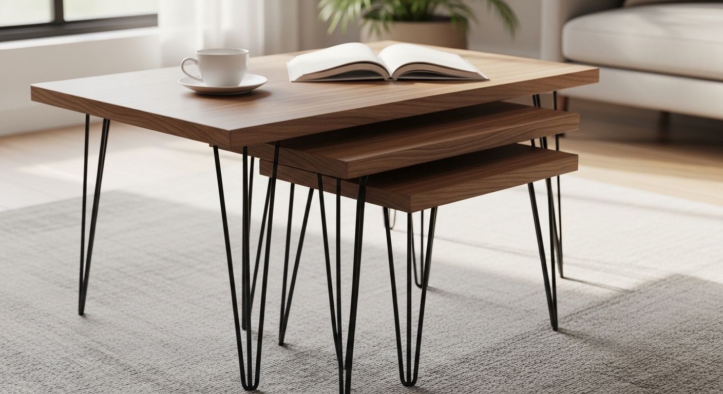 Nesting coffee tables stacked to save space in small living room