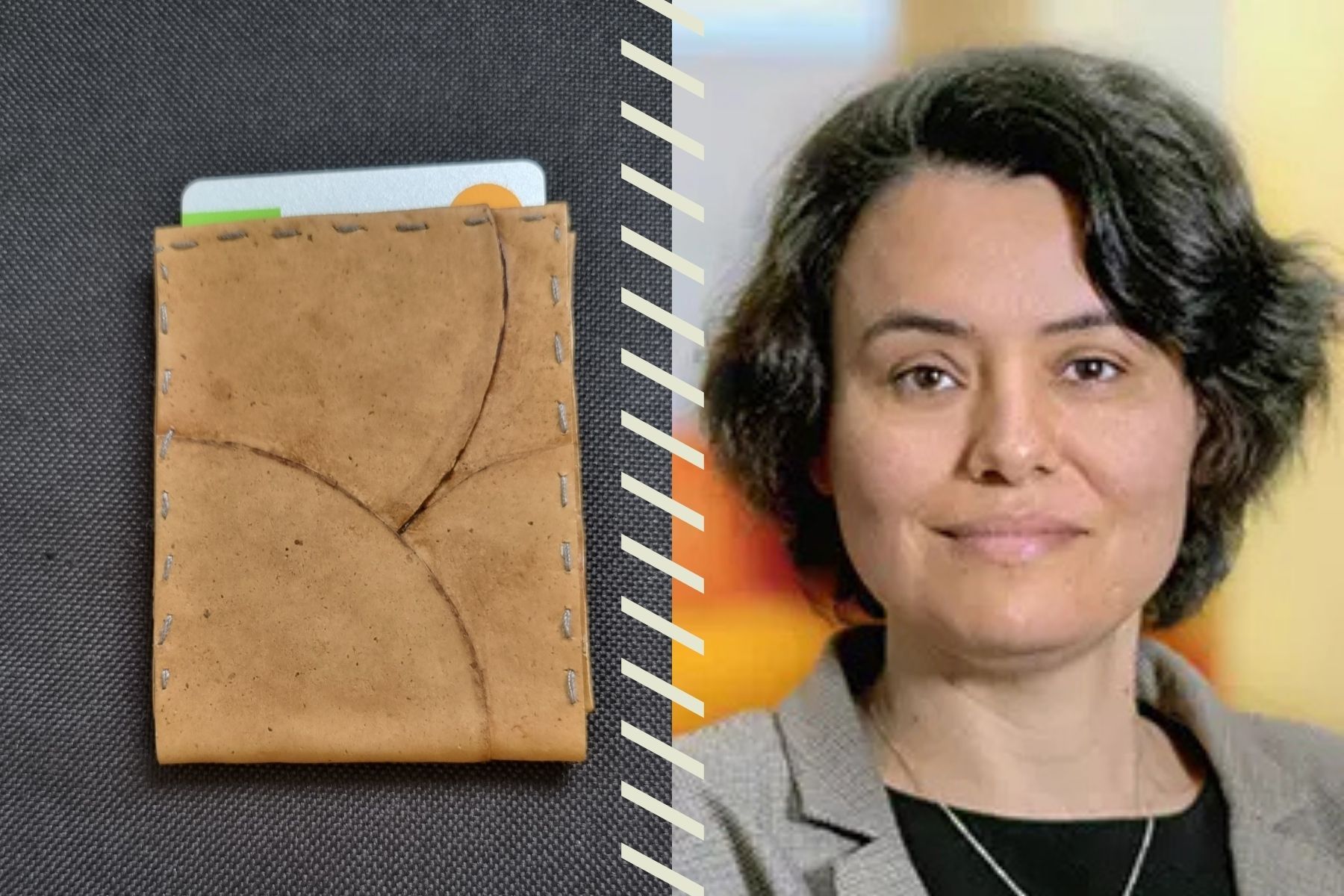 Korthållare gjord av svampläder som designats av doktoranden Kanishka Wijayarathna. Till höger professor Akram Zamani. Foto: KTH/Kanishka Wijayarathna/Högskolan i Borås..