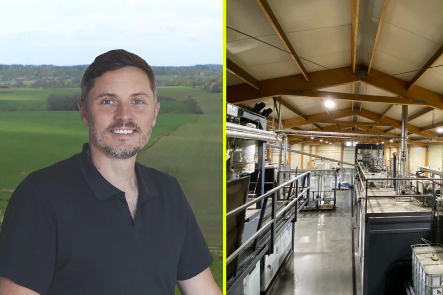 David Andersson, vd på kolbindningsbolaget Ecoera. Till höger biokolsanläggningen i Hammenshög.. Foto: Pressbilder.