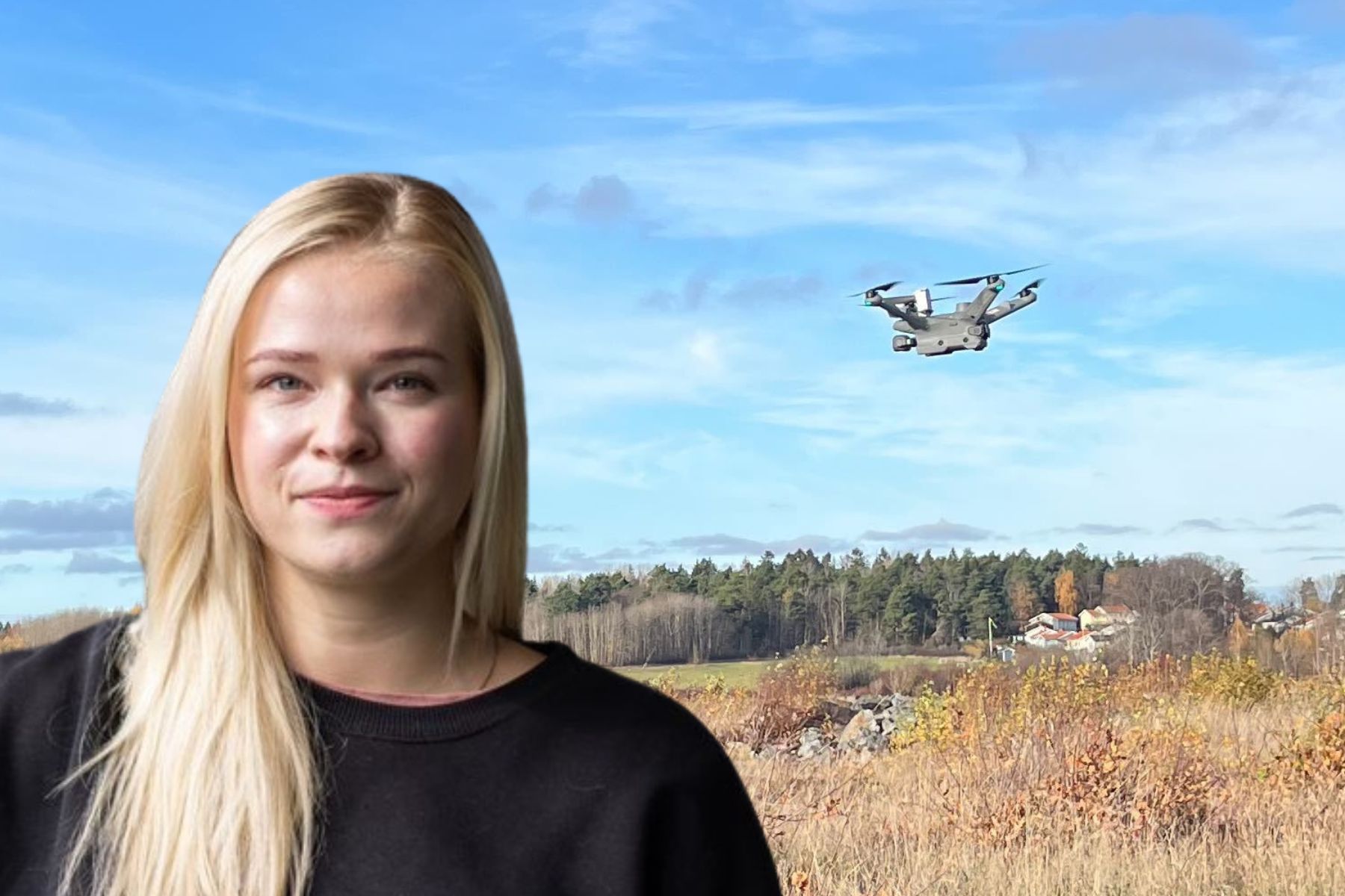 Sára Nožková, medgrundare och vd på Flox Robotics och bolagets drönare under testet på Bromma flygplats. Foto: pressbilder.