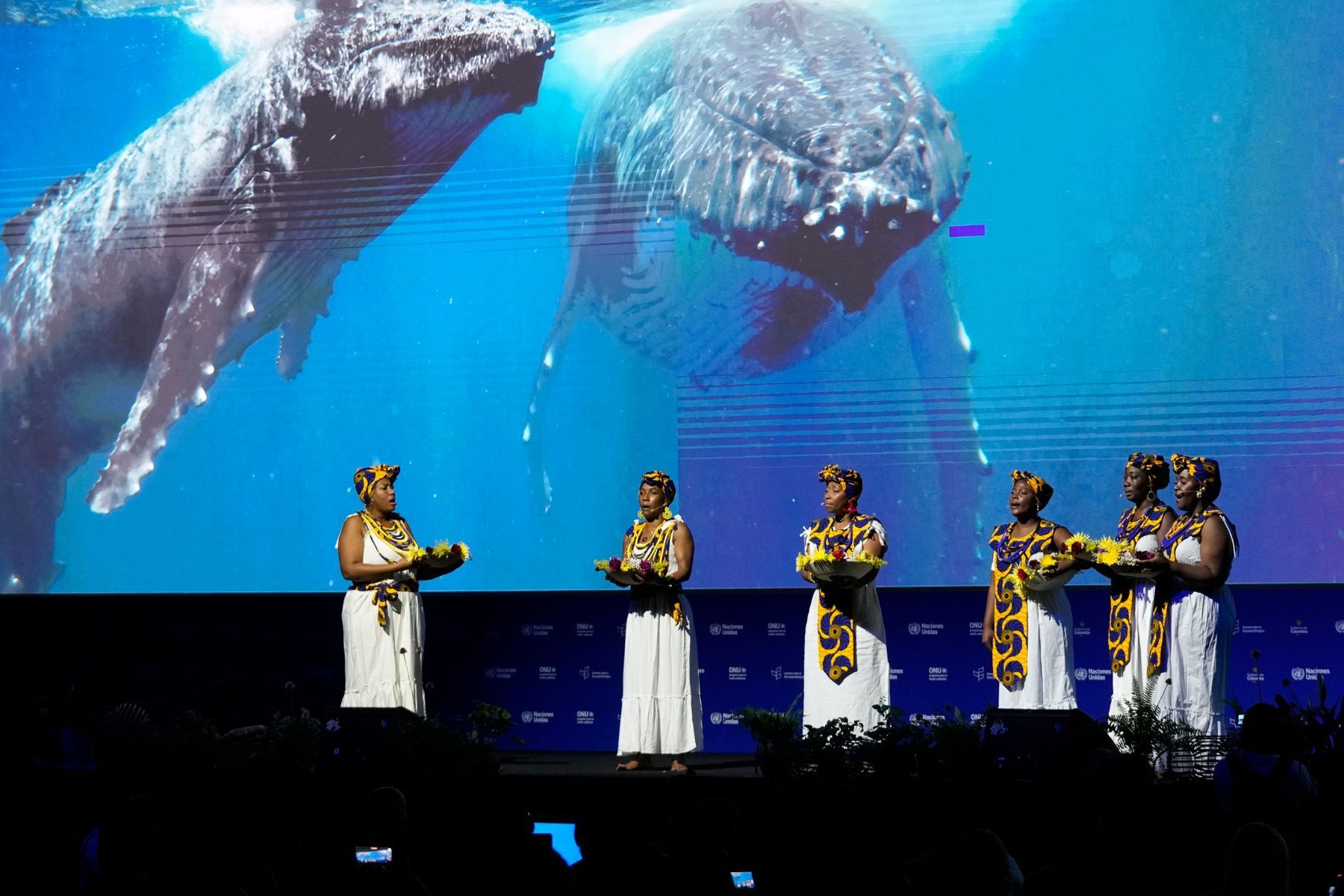 Colombianska kvinnor uppträder under öppningsceremonin för COP16, FN:s konferens om biologisk mångfald, i Cali, Colombia. Foto: TT.