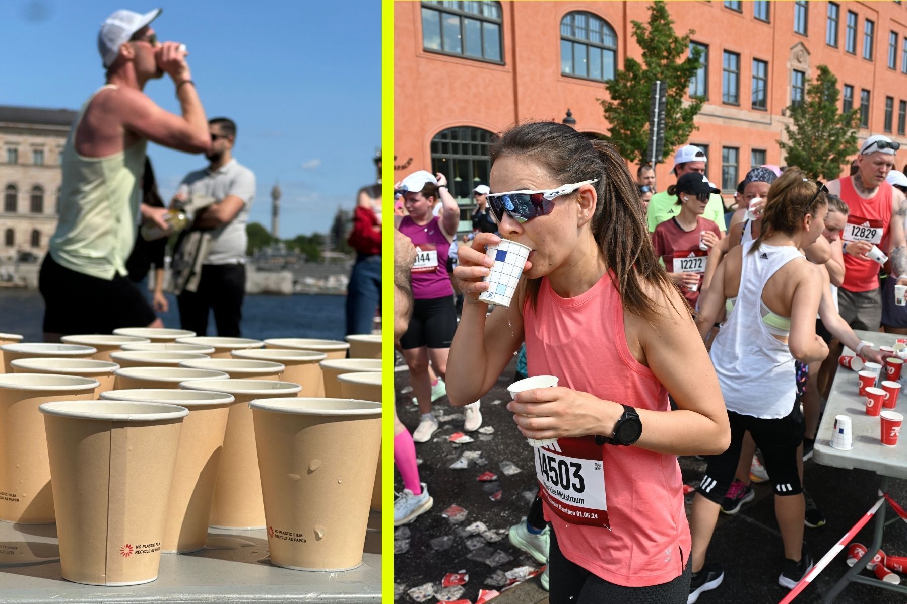 Till vänster en bild på Grales muggar under Stockholm Marathon 2025. Till höger från loppet 2024 då det fortfarande serverades dryck i vanliga pappersmuggar. Foto: Grale/TT.