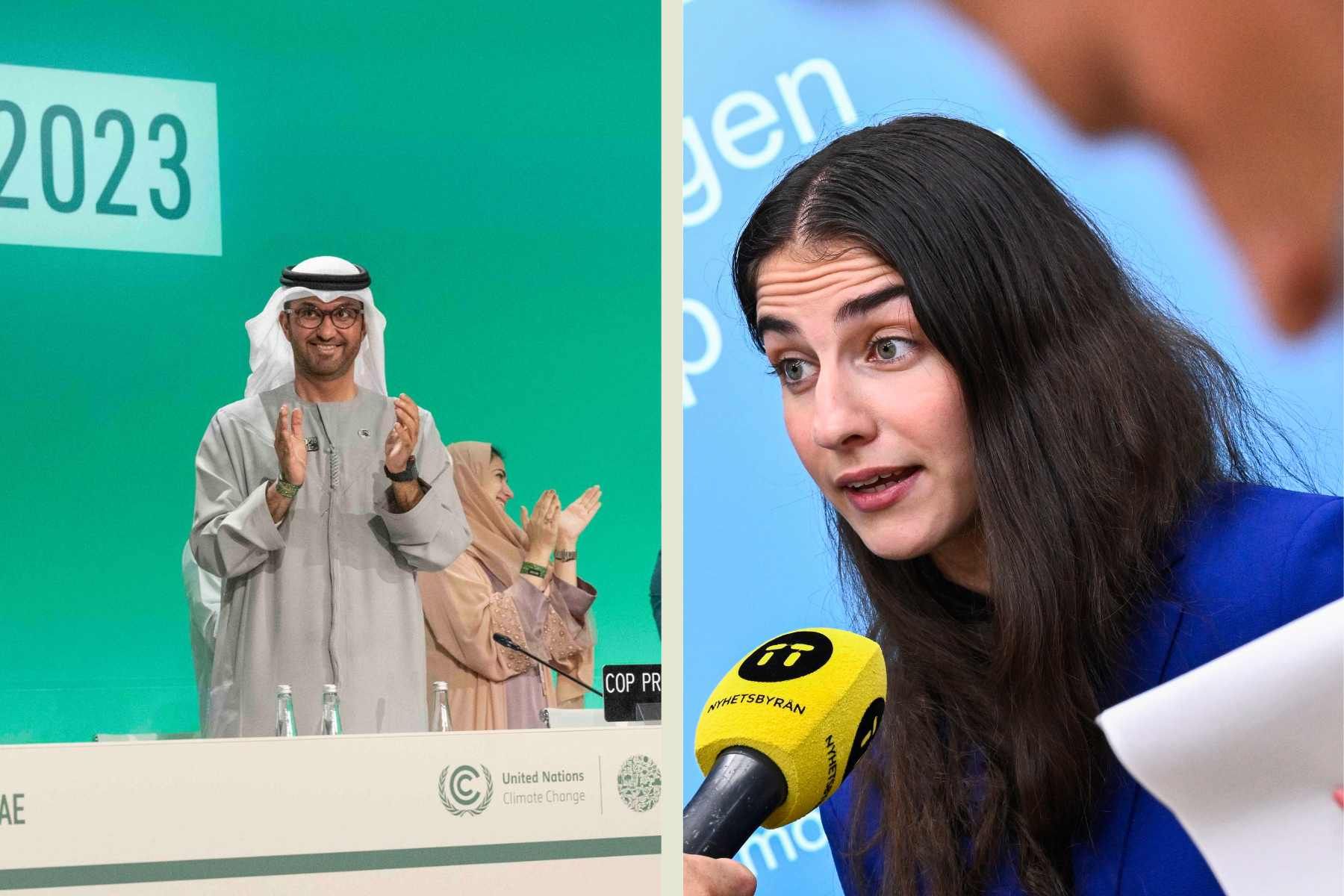 Sultan Al Jaber, ansvarig för klimatförhandlingarna och Romina Pourmokhtari. Foto: TT.