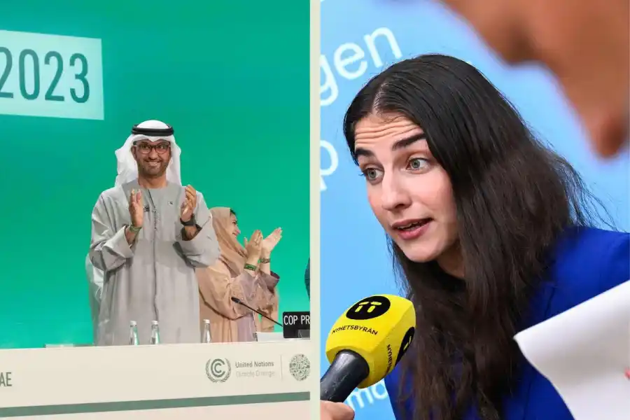 Sultan Al Jaber, ansvarig för klimatförhandlingarna och Romina Pourmokhtari. Foto: TT.