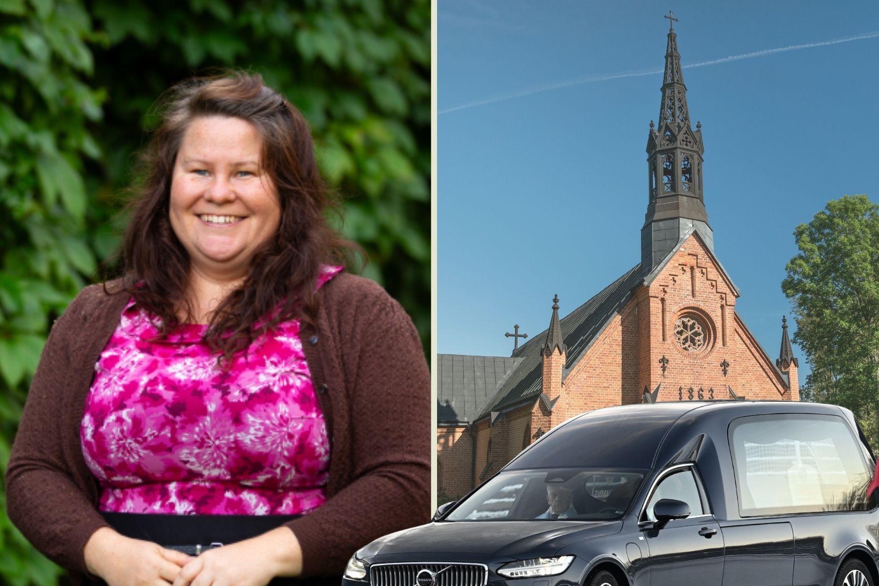 Sara Adolfsson, samordnare för begravningsverksamhet inom den nya färdplanen mot fossilfrihet. Foto: Pressbild / TT / canva (montage).