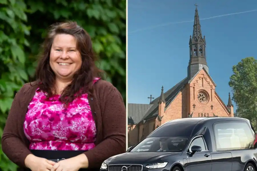 Sara Adolfsson, samordnare för begravningsverksamhet inom den nya färdplanen mot fossilfrihet. Foto: Pressbild / TT / canva (montage).