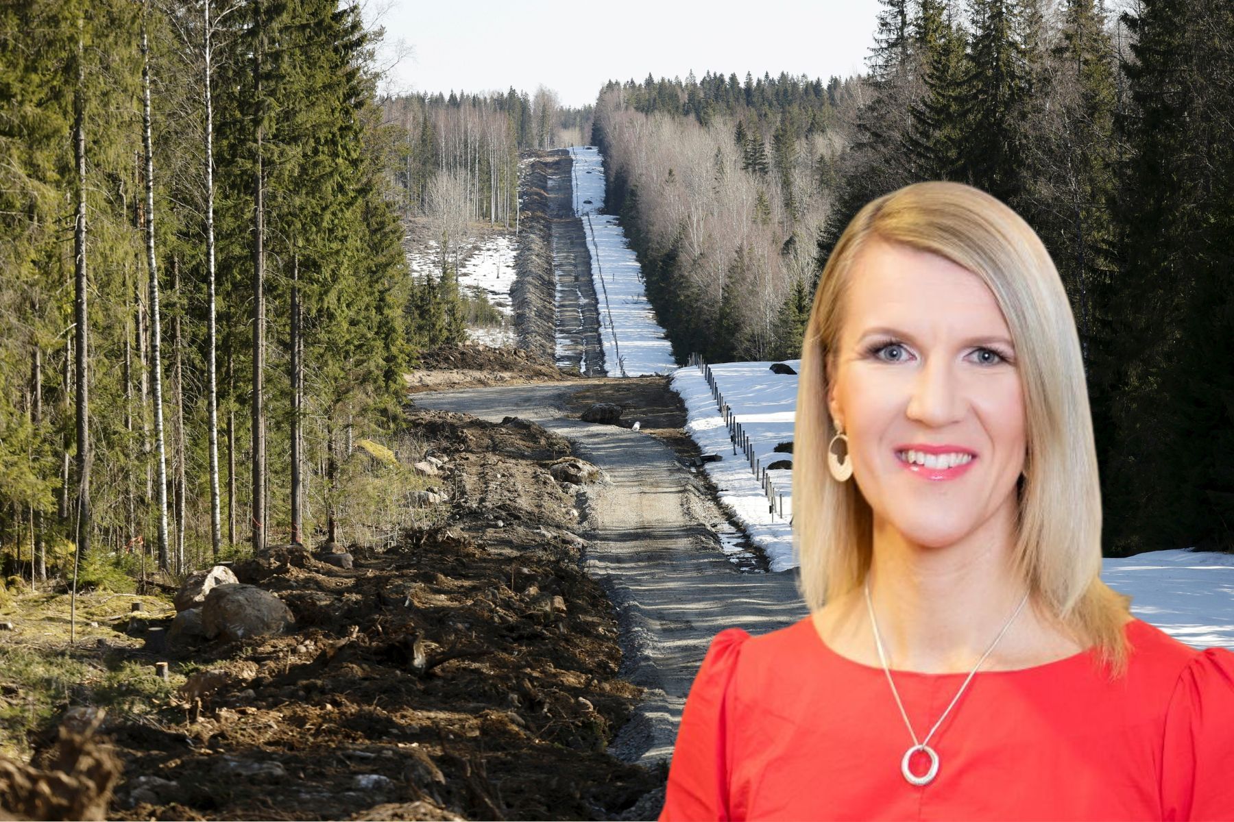 Byggarbetsplatsen för det finsk-ryska gränsstängslet vid östgränsen nära gränsövergången Pelkola i Imatra i april 2023. Nu ska naturen bli vildare här, säger finska klimatministern Sari Multala. Foto: TT-AP / Pressbild.