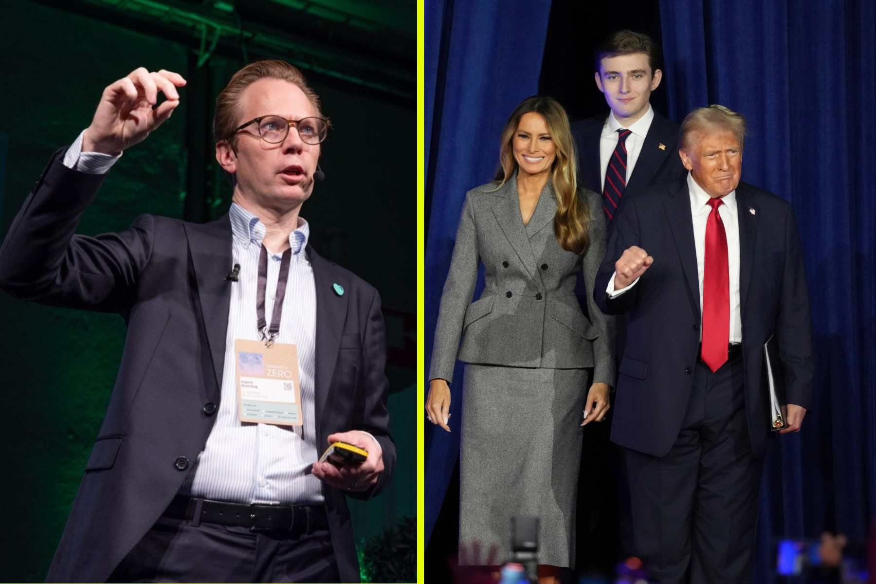 Klimatprofilen Ingmar Rentzhog och Donald Trump med familj på tisdagskvällen. Foto: Techarena Zero och AP Photo/Lynne Sladky.