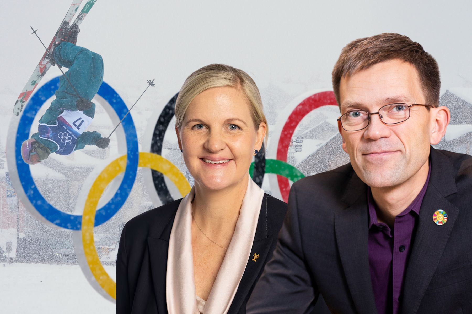 Kirsty Coventry, ordförande i olympiska kommittén. Mattias Goldmann var klimatansvarig för Sveriges ansökan om vinter-OS 2026. Foto: TT/Pressbild (montage)