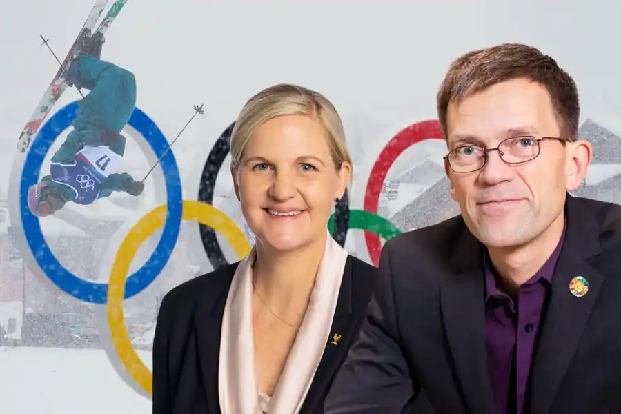 Kirsty Coventry, ordförande i olympiska kommittén. Mattias Goldmann var klimatansvarig för Sveriges ansökan om vinter-OS 2026. Foto: TT/Pressbild (montage)