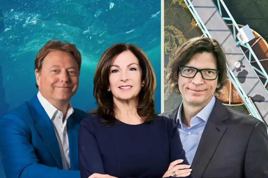 Mike Velings, medgrundare och vd på Aqua-Spark, Gina Domanig, partner och vd på Emerald VC, Nicklas Zennström, investerare bakom Ocean 14 Capital. Collage: Impact Loop.