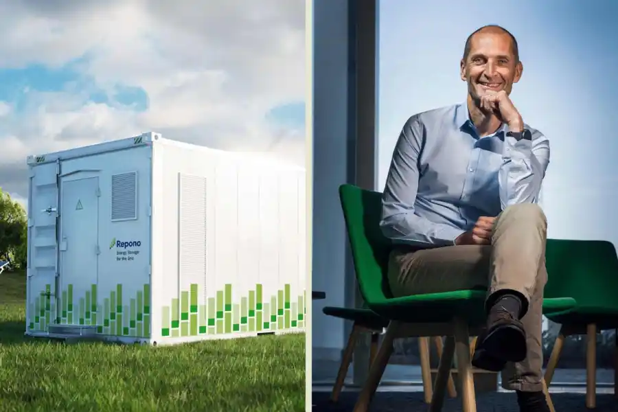 Rasmus Bergström, vd Repono, och Reponos batterilager. Foto: pressbild.